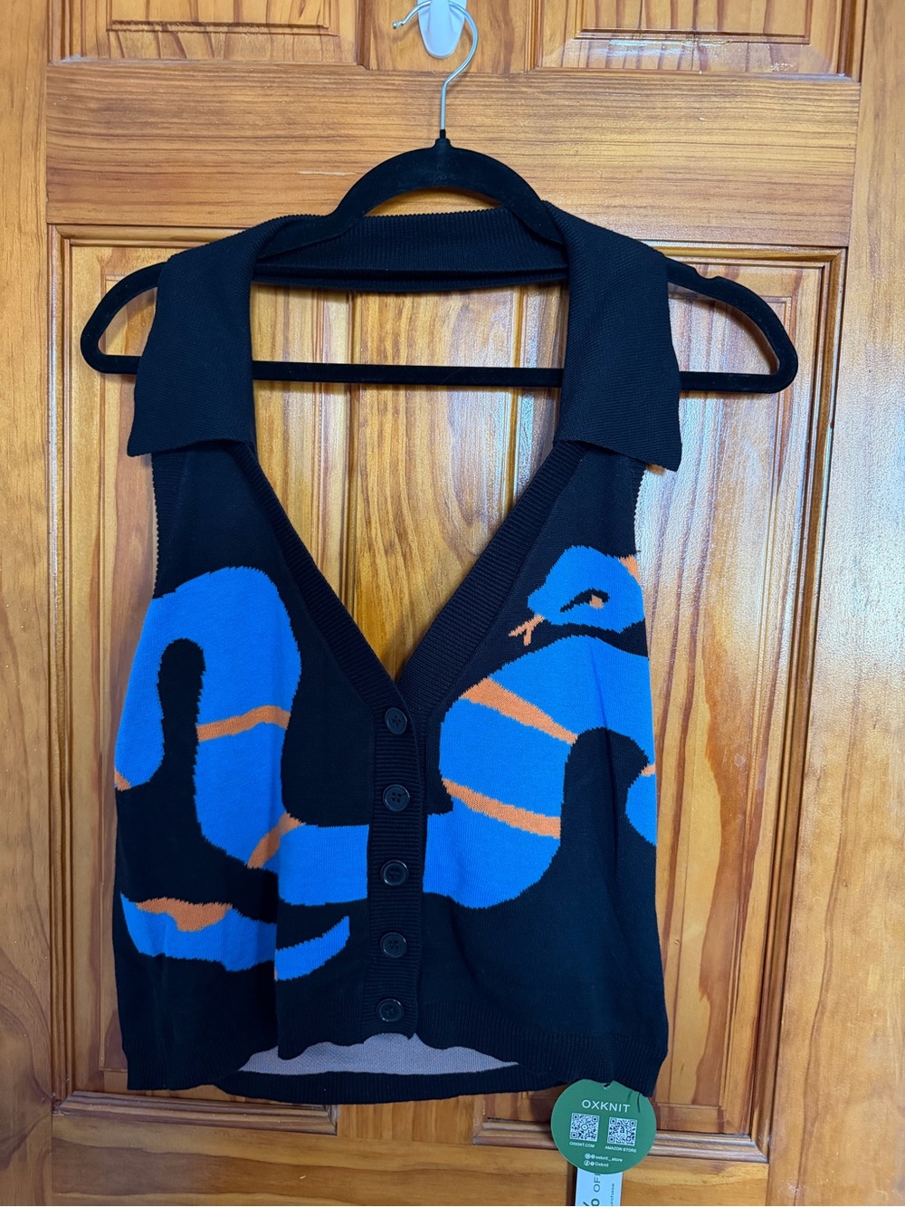 OXKNIT 70s Style Knit Jacquard Button-Front Halter Top Snake